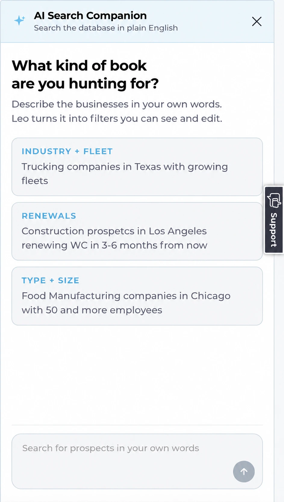 LeO AI Search Companion: describe businesses in plain English, with example searches for growing trucking fleets, upcoming Workers’ Comp renewals, and food manufacturers by employee count.